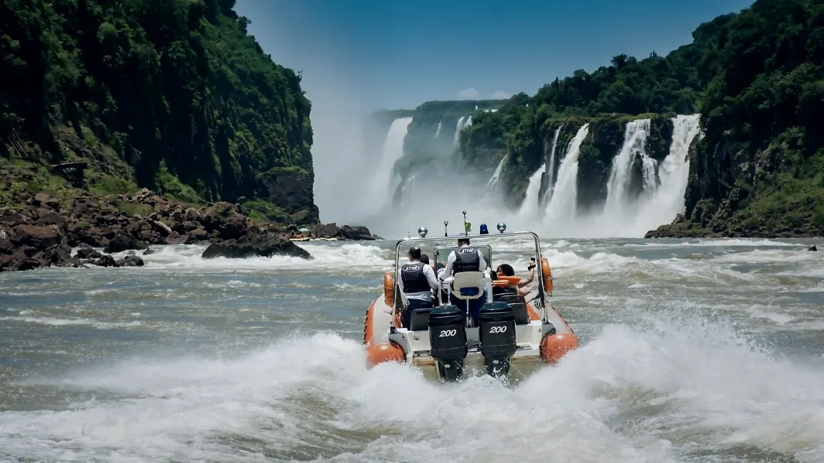 A Macuco Safari boat head on in white water below the falls at Iguazu