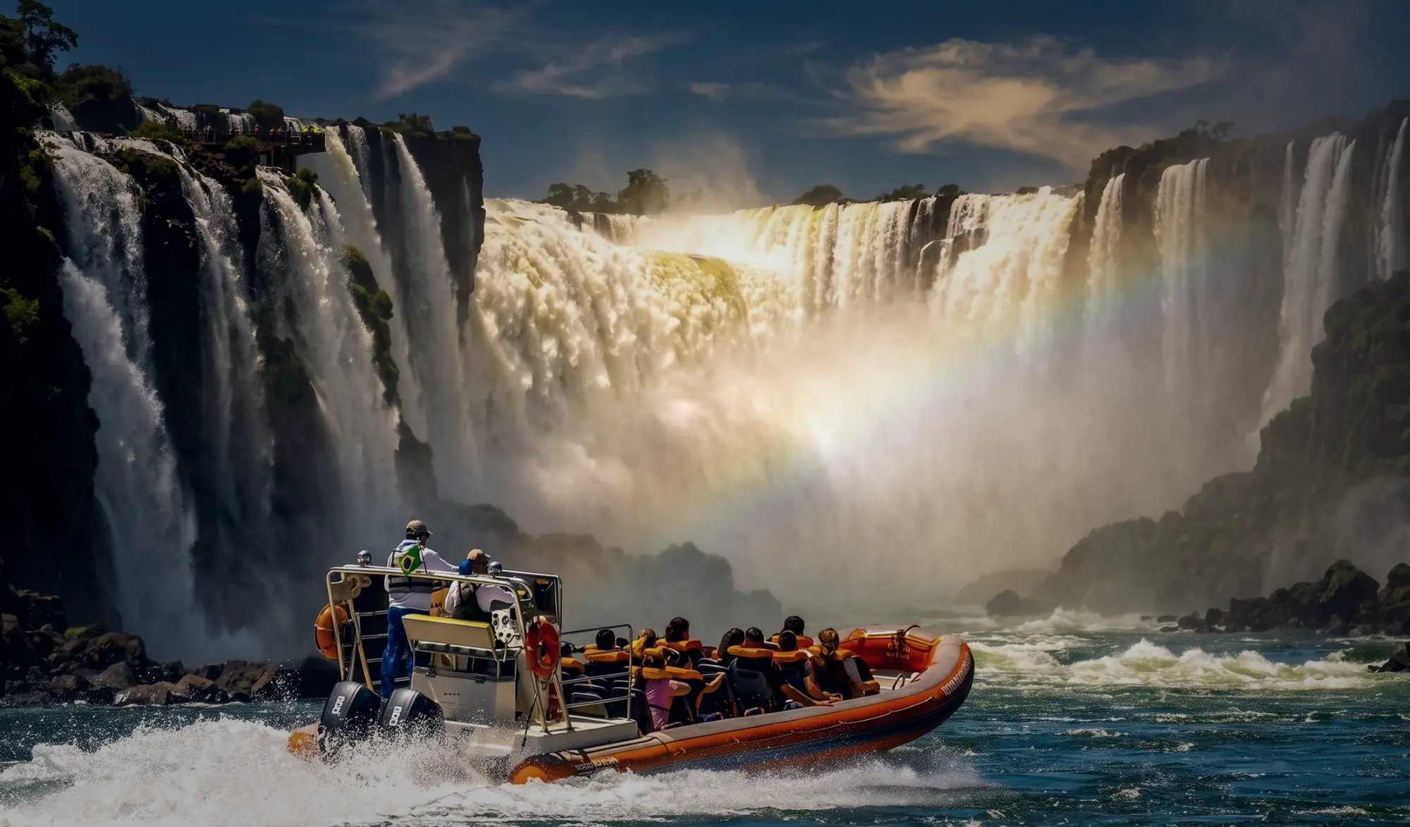 A Macuco Safari boat running below the waterfalls at Iguazu, with a rainbow across the spray